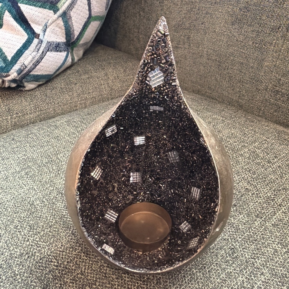 Modern Black Beaded Teardrop Tea Light Candle Holder Sculpture